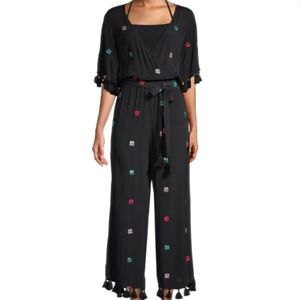 NWT TESSORA Fringe-Trim Sequin Jumpsuit Black Multicolor in Size XS